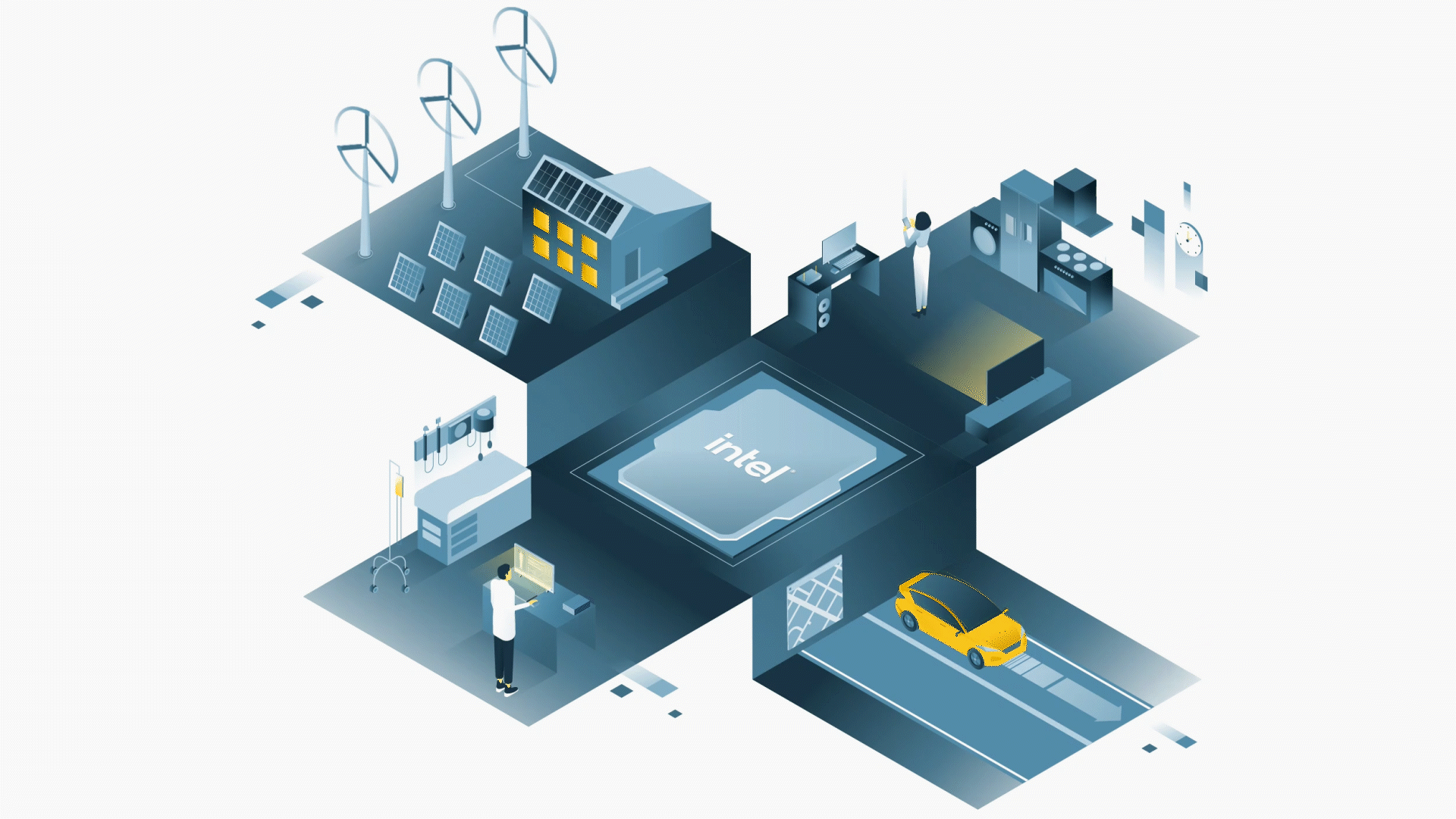 Ilustração de um chip Intel conectado a aplicações em energia, saúde, casa inteligente e mobilidade.