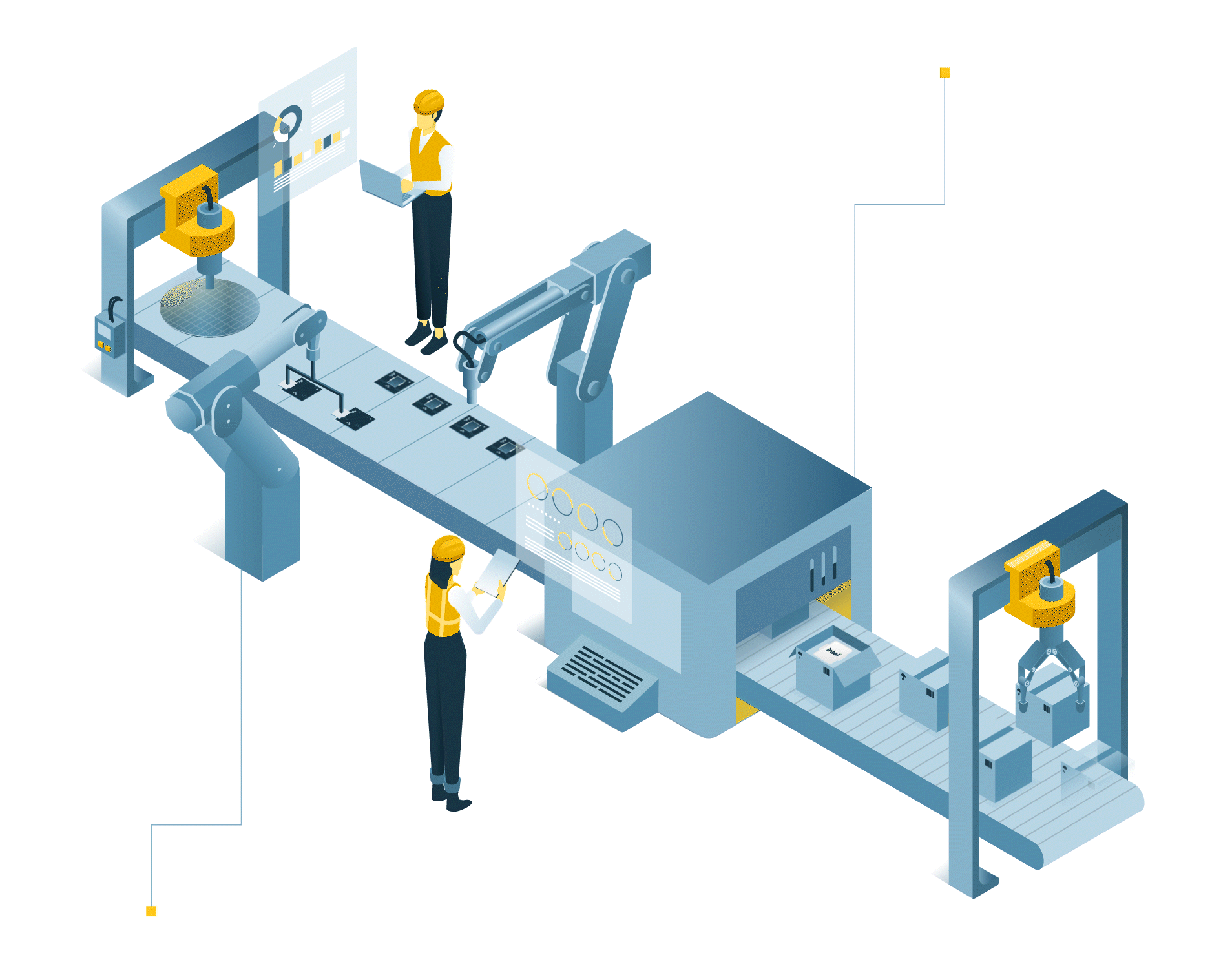 Illustration of an automated smart factory production line.