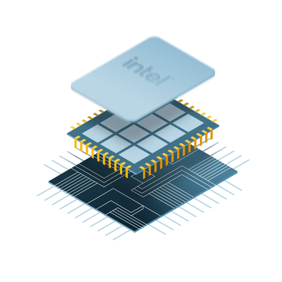Exploded illustration of an Intel chip showing the heat spreader, silicon chip and substrate.