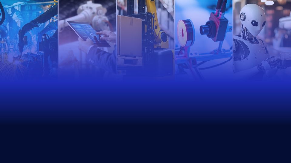 Montage of robotics applications with a blue gradient