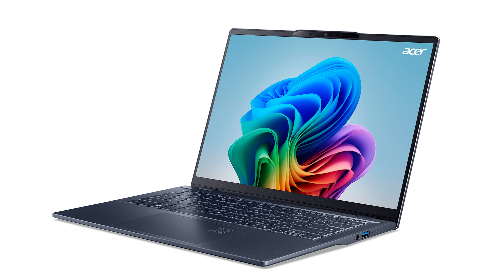 Acer Swift 14 AI 筆記型電腦，螢幕顯示彩色圖案。