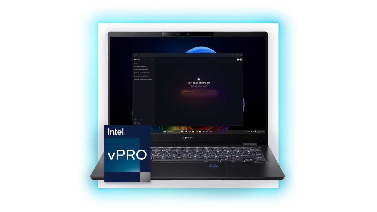 Portátil Acer TravelMate P6 14 AI con insignia Intel.