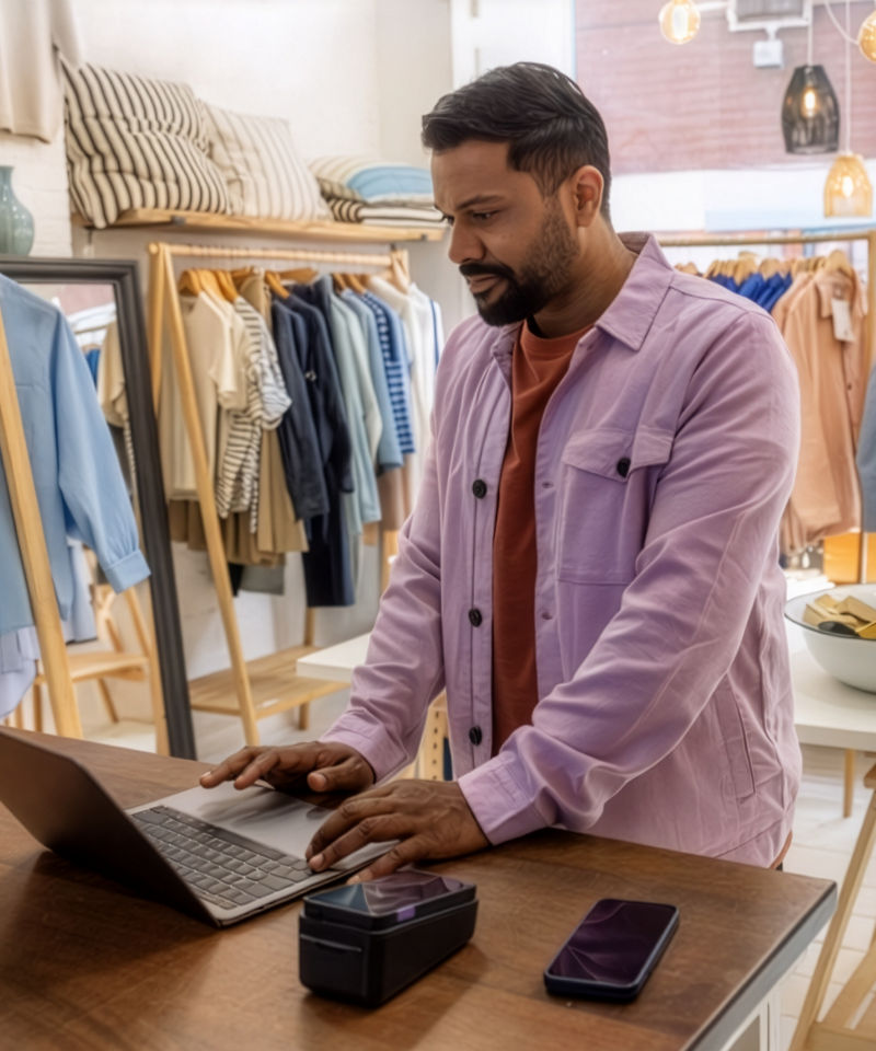 Man Working on Laptop in Fashion Retail store