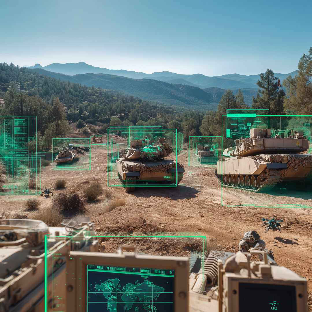 Armored vehicles with digital overlays in rugged terrain.