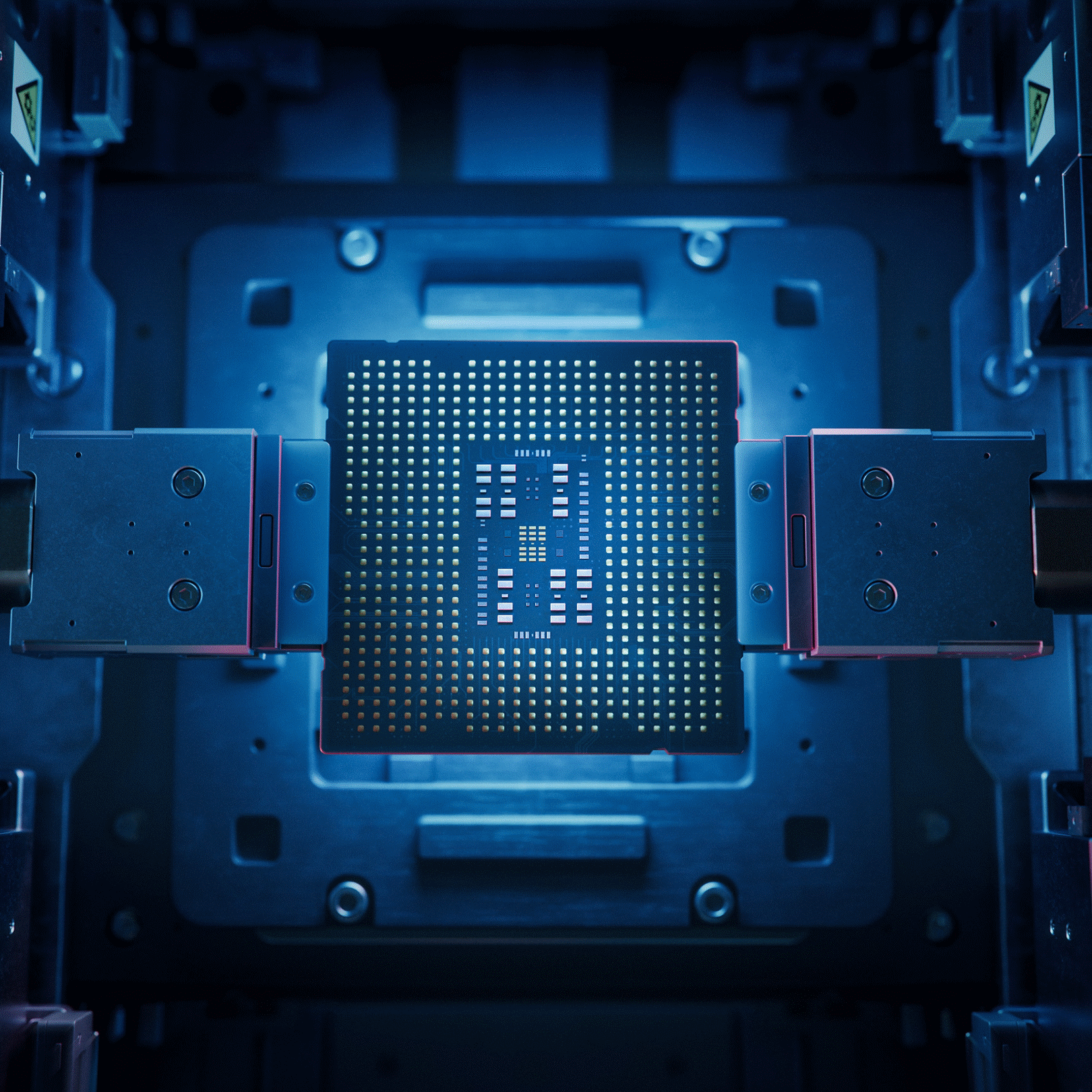 Top view of a semiconductor chip held in automated packaging equipment.