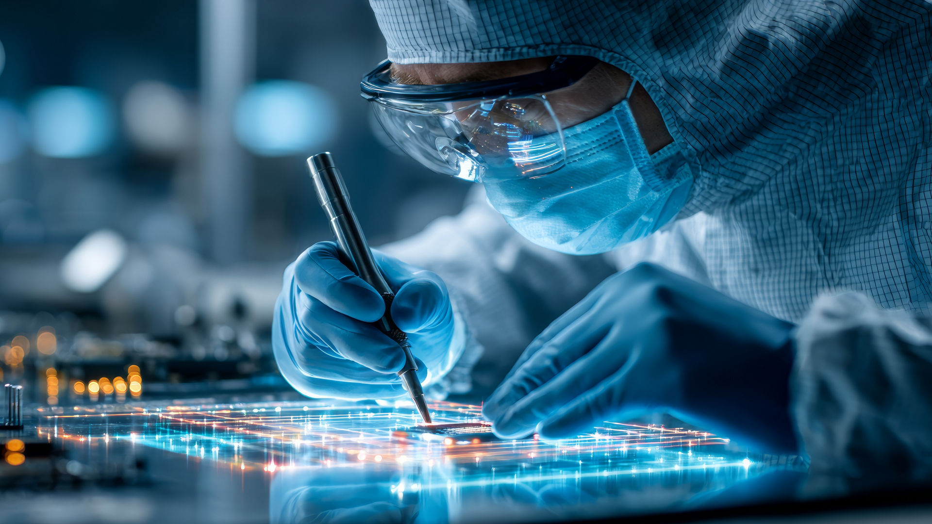 Technician working on a glowing semiconductor circuit in a lab.