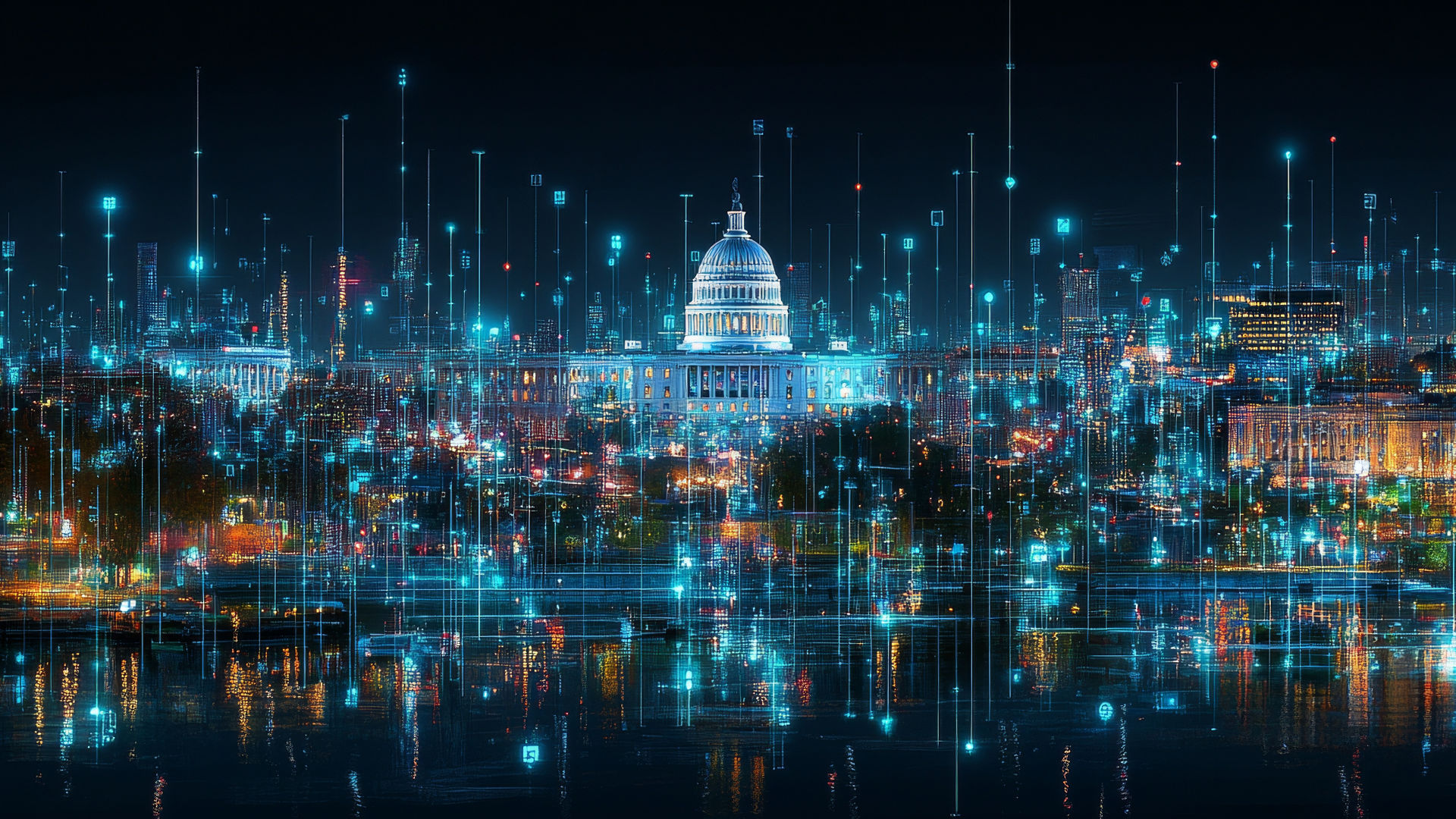Digital network overlay over the U.S. Capitol and city skyline at night.