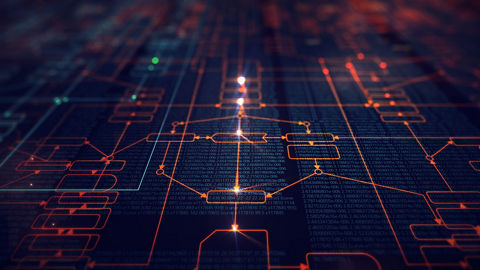 Glowing orange lines and boxes in a grid represent an artificial intelligence deep learning network