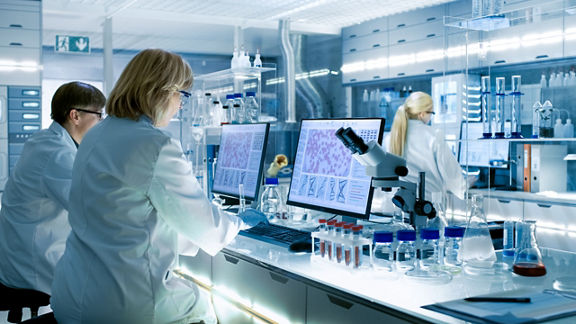 A team of scientific researchers in a laboratory work on desktop computers to examine contents placed under a microscope