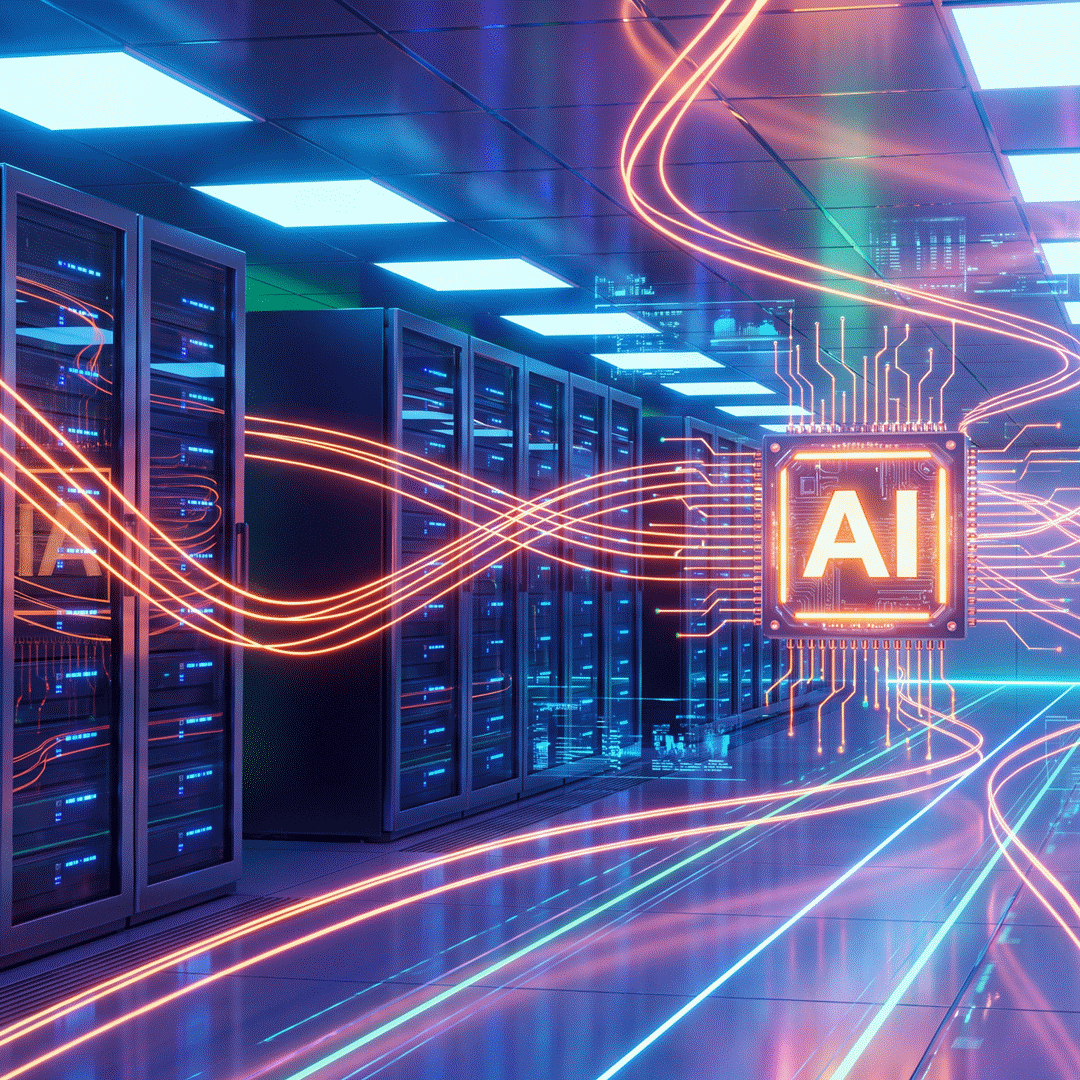 AI Data Center: Glowing lines of energy flow through a modern data center, connecting server racks to a central AI processor, symbolizing the power and future of artificial intelligence.