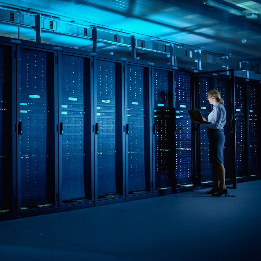 A woman interacts with a series of servers. 