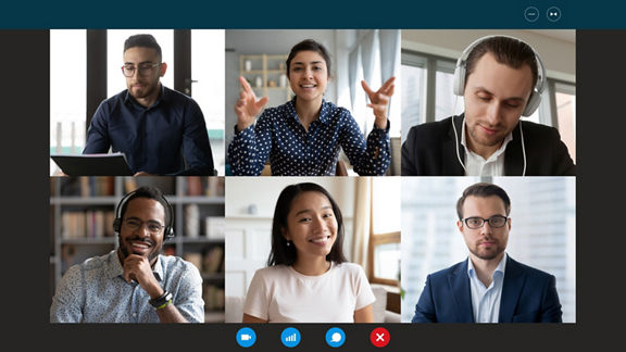 Six businesspeople conduct a virtual meeting through videoconference