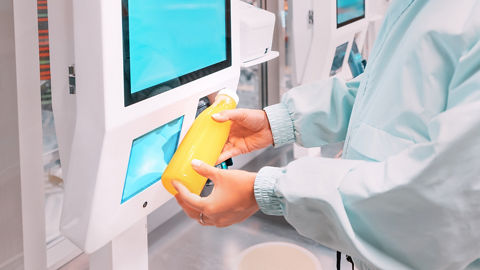 A person using a self-checkout kiosk