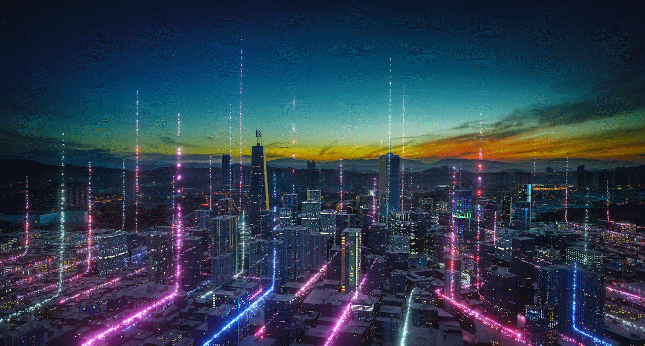 A futuristic city at sunset with pink and blue laser glows