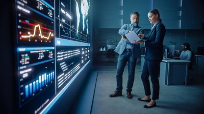 Project manager and computer science engineer talk while using big screen display and a laptop, showing infrastructure infographics data. telecommunications company system control and monitoring room
