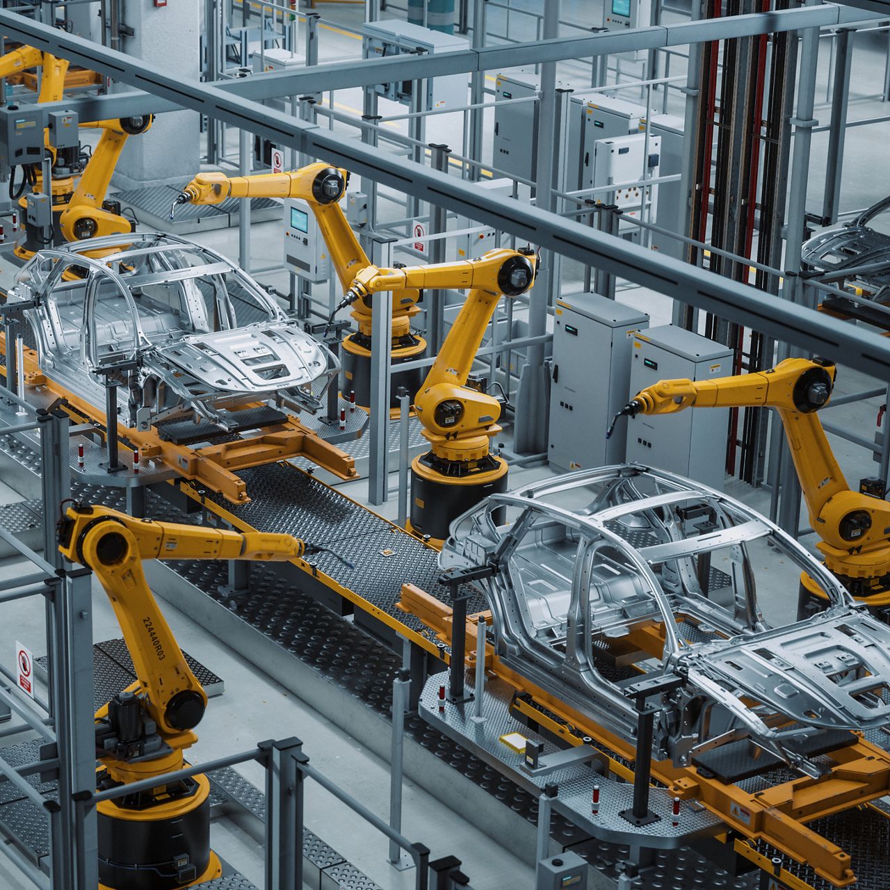 Car Factory 3D Concept: Automated Robot Arm Assembly Line Manufacturing High-Tech Green Energy Electric Vehicles. Construction, Building, Welding Industrial Production Conveyor. Elevated Wide Shot