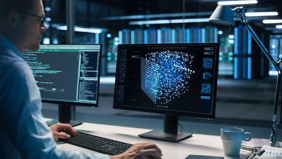 A person in a data center environment studies a data model on a screen
