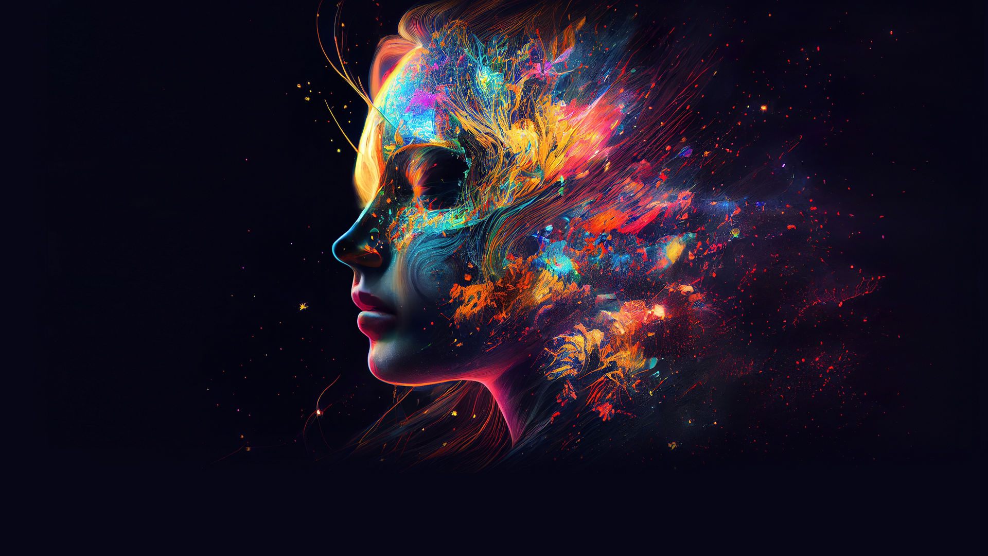 AI 生成的女性頭部圖像，包含色彩豐富的抽象藝術。
