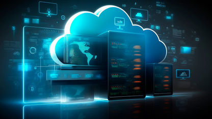 A 3D graphical composition features an abstract representation of a cloud behind a server cabinet, cast in dramatic lighting
