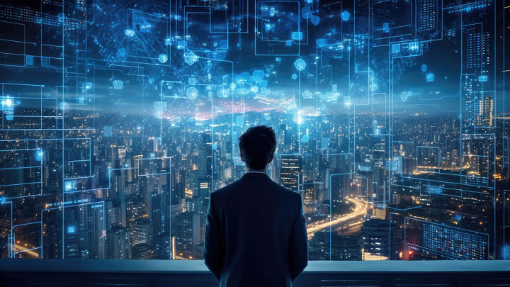Individual looking outwards to a city with data points