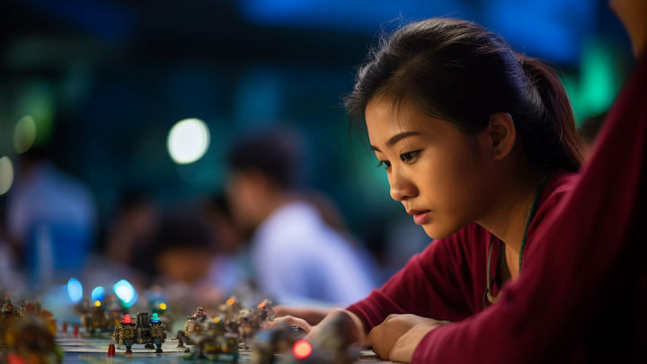 A young Asian woman engages in a robotics competition.