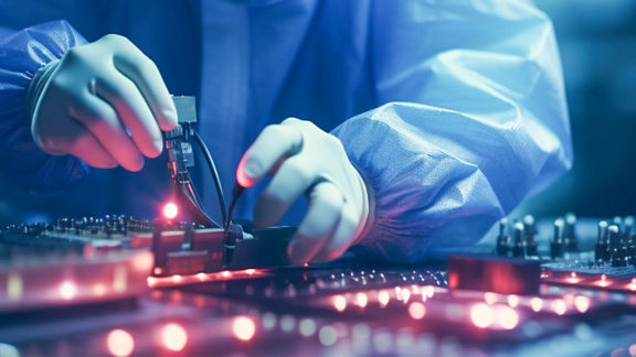 A person in cleanroom clothing works on a processor chip in a fab.