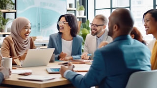 Diverse group of business people in a brainstorming meeting.