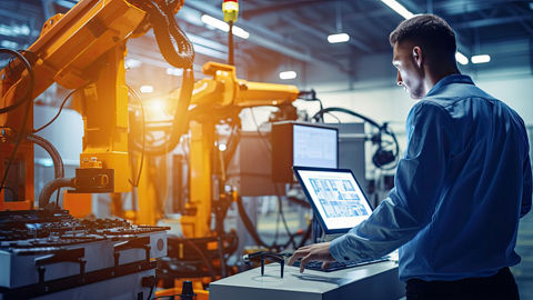 A machine operator stands in front of an assembly machine that has two yellow robotic arms and uses a mouse to interact with information shown on a display monitor.