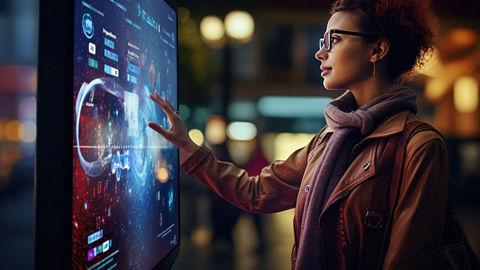 A person wearing a coat and scarf stands outside in front of an interactive display and uses their hand to interact with the images and information on the screen