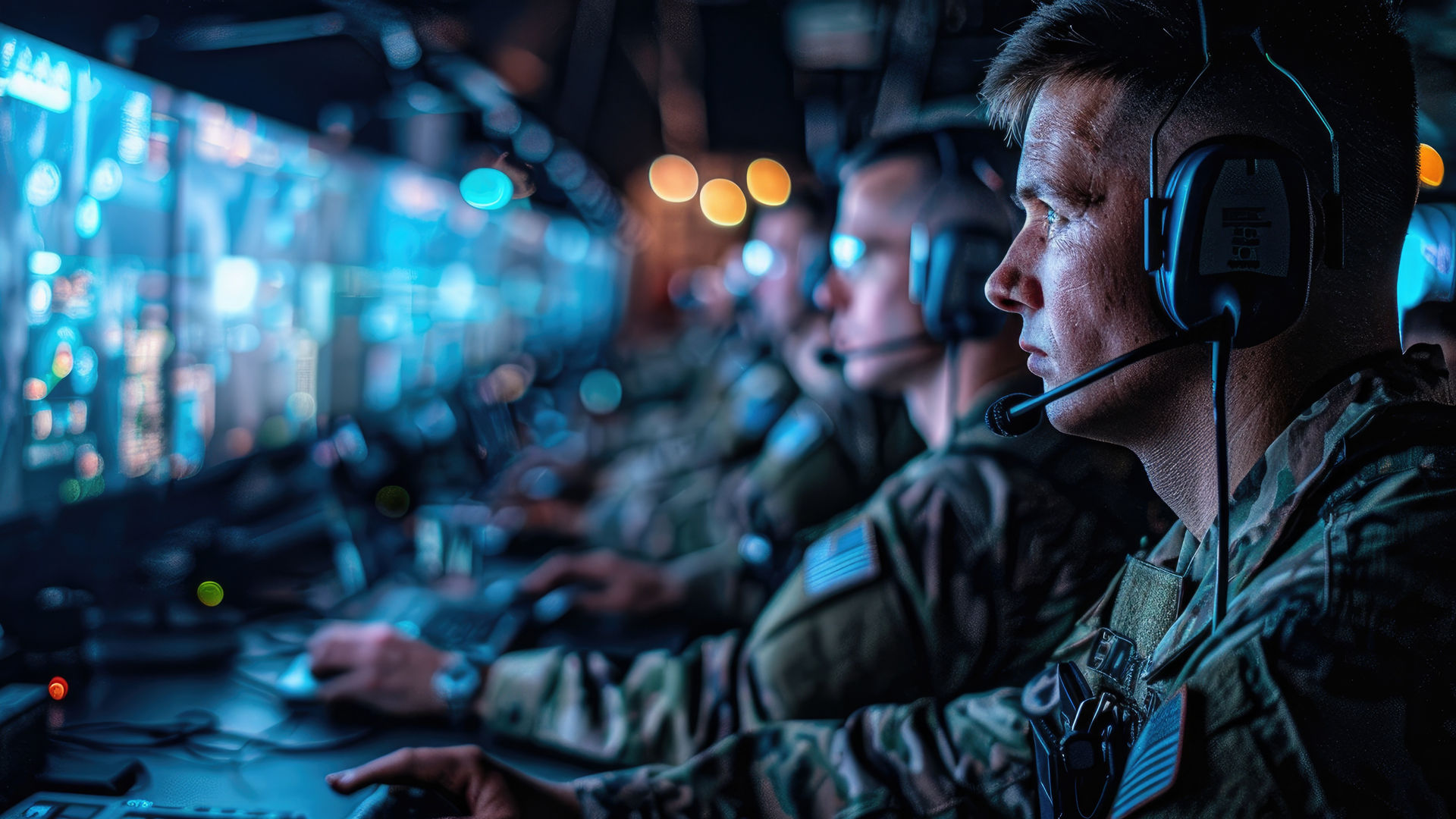 Military operators monitoring mission data on command-center screens.