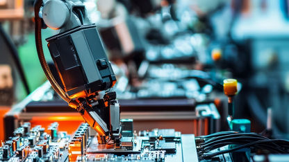 A robot arm assists in assembling small electronics.