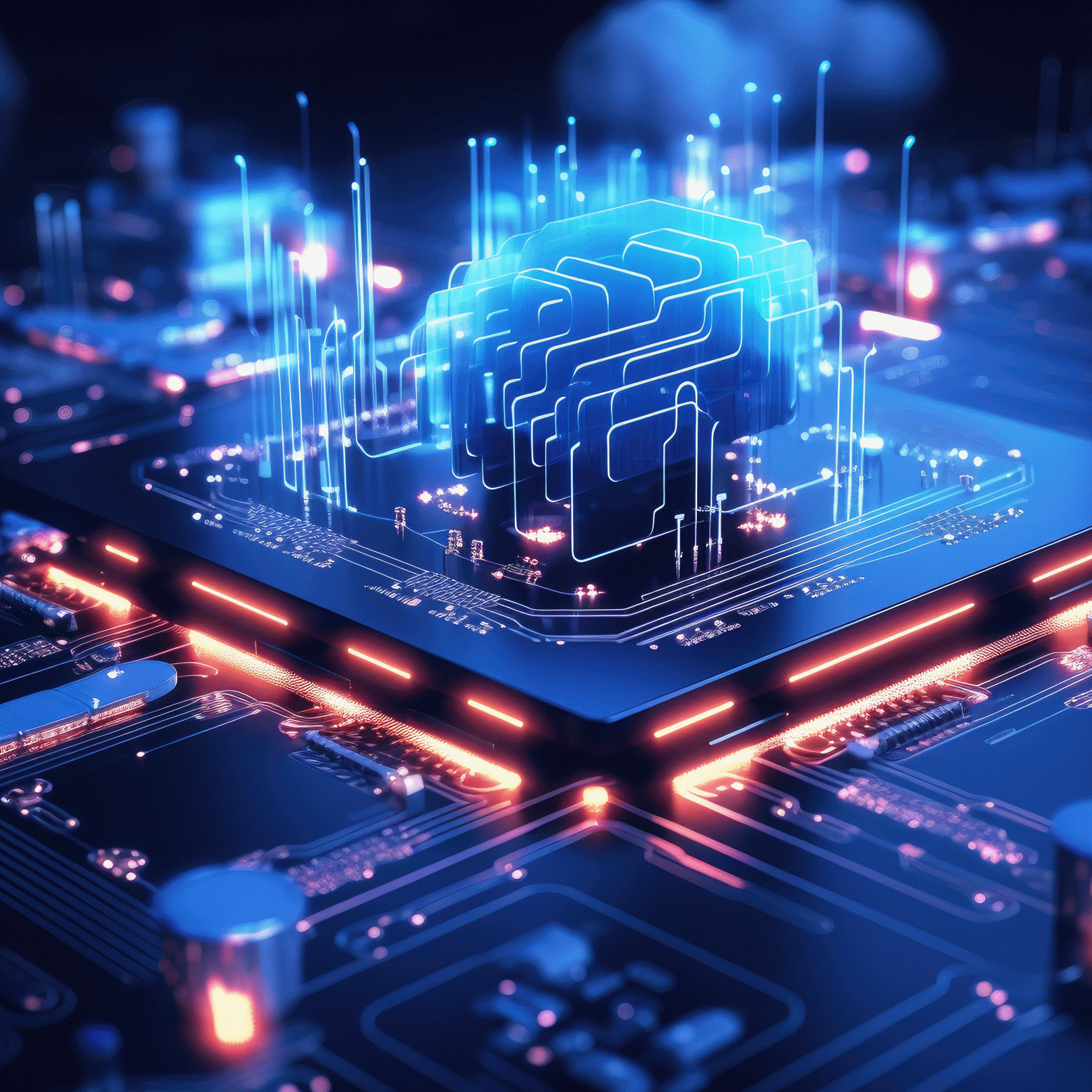 Abstract blue processor circuitry with glowing data connections.