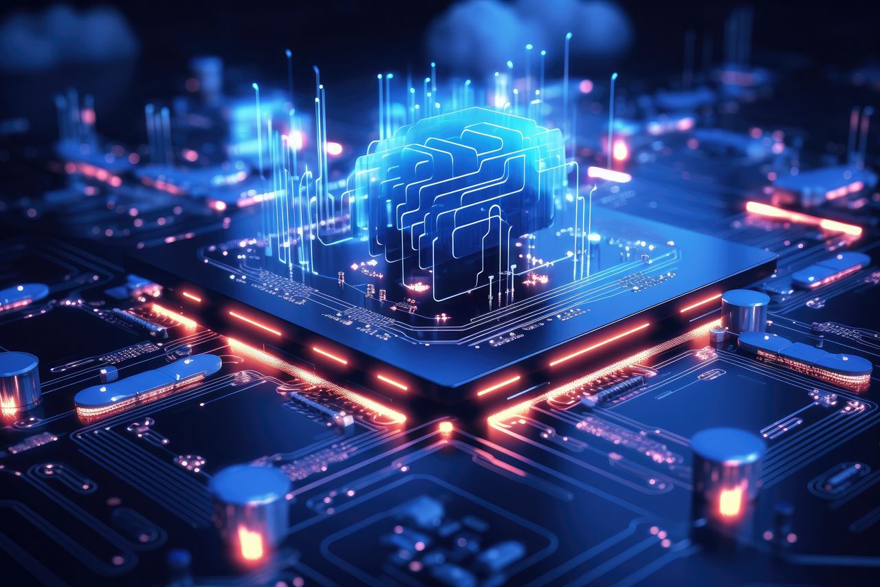 Processador iluminado em uma placa de circuitos azul e vermelha.