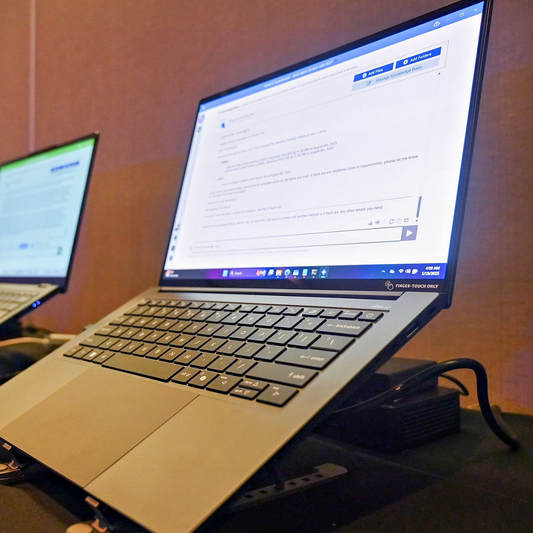 Intel displays AI PCs with Intel Core Ultra processors running Intel AI Assistant Builder at Computex 2025 in Taipei, Taiwan. On May 19, 2025, Intel announced that AI Assistant Builder is now available in public beta at GitHub. (Credit: Intel Corporation)
