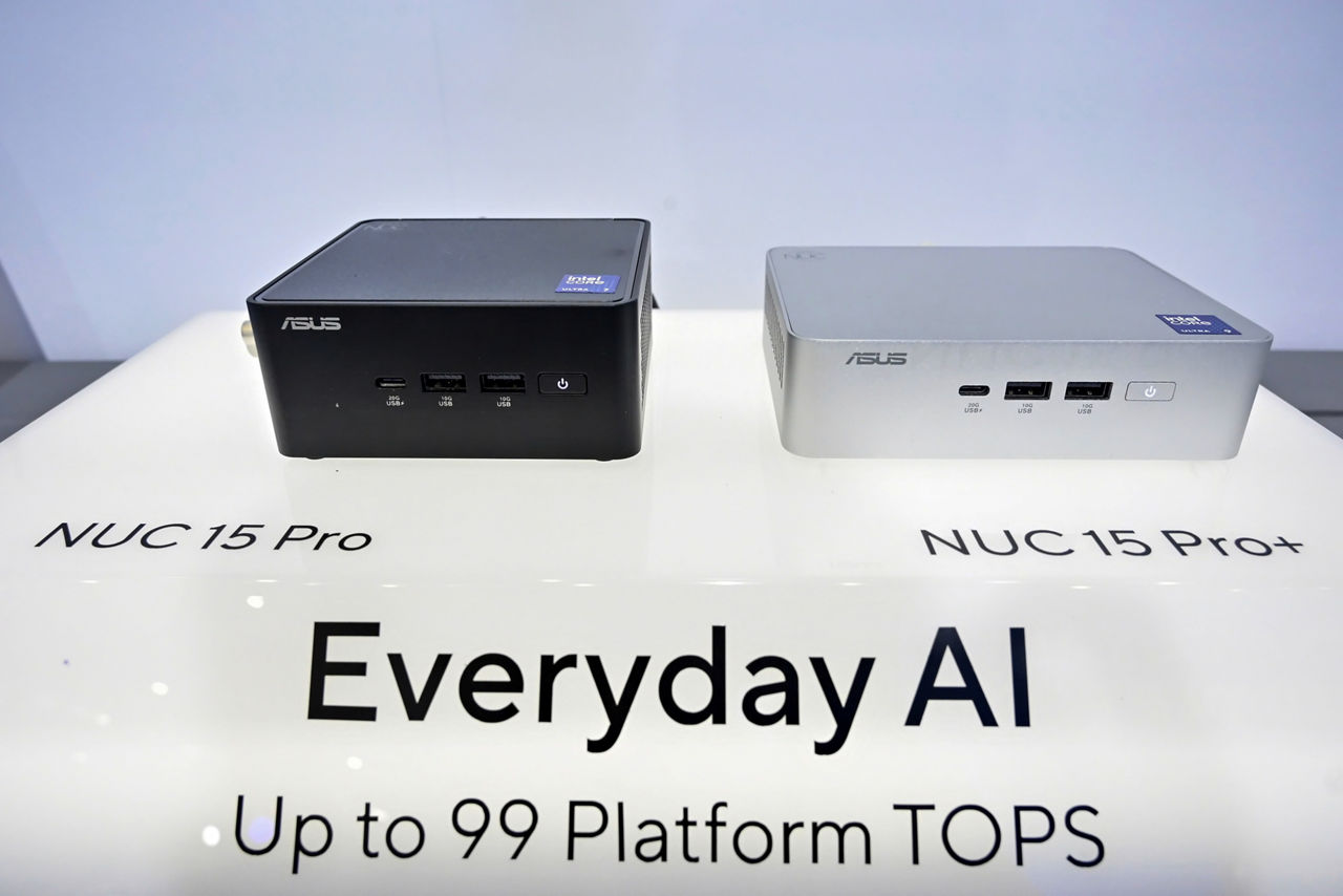 The ASUS NUC 15 Pro and NUC 15 Pro+ feature the Intel Core Ultra (Series 2) processors. At Computex 2025 in Taipei, Taiwan, ASUS announced a collaboration with Intel on a new AI developer tool kit – ASUS AI Superbuild – to streamline the development of AI applications. (Credit: Intel Corporation)