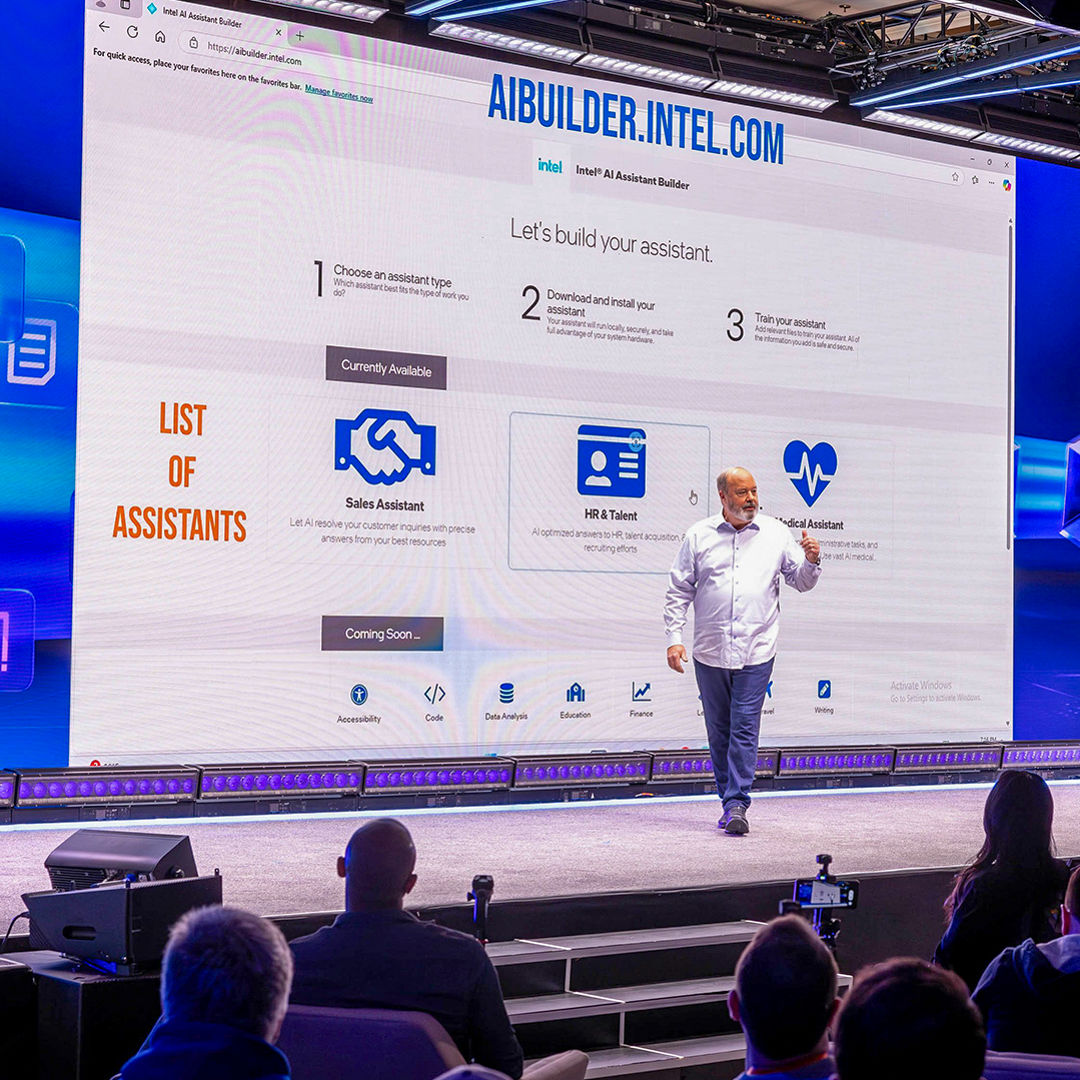  At CES 2025, Jim Johnson, senior vice president and interim leader of the Client Computing Group at Intel, unveils Intel AI Assistant Builder. Its specialized software framework allows for the creation of custom AI assistants that help with routine, everyday tasks. (Credit: Intel Corporation)