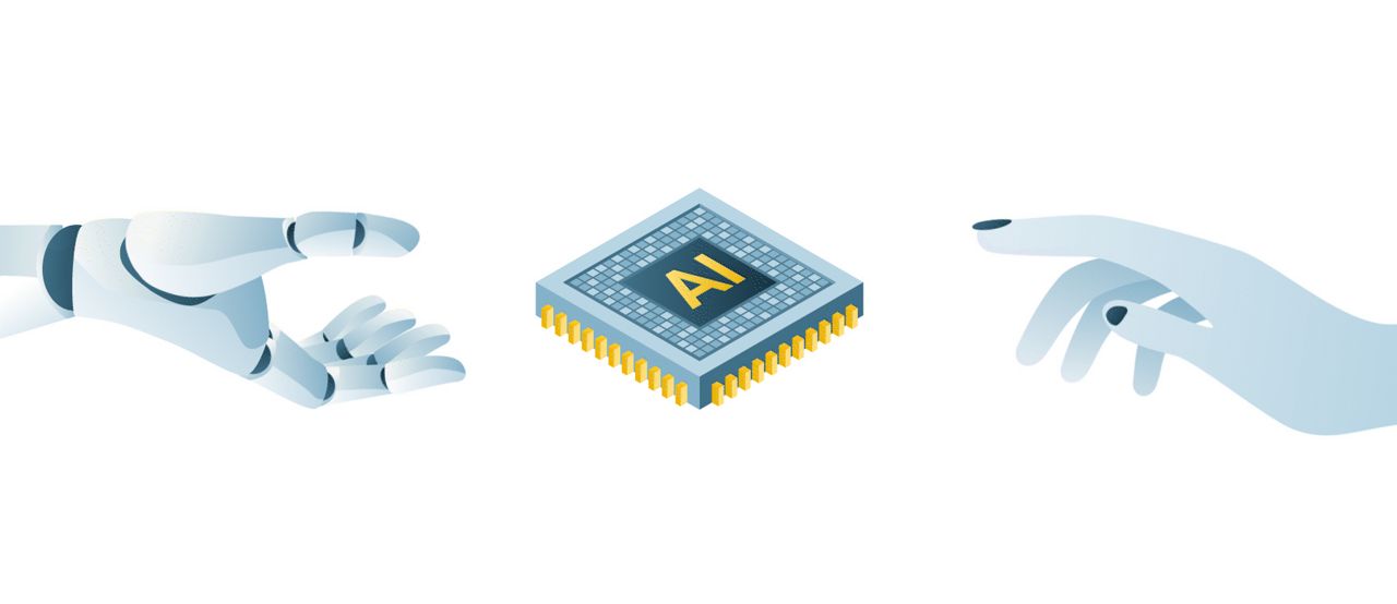 Illustration of robotic and human hands reaching toward a microchip labeled AI.
