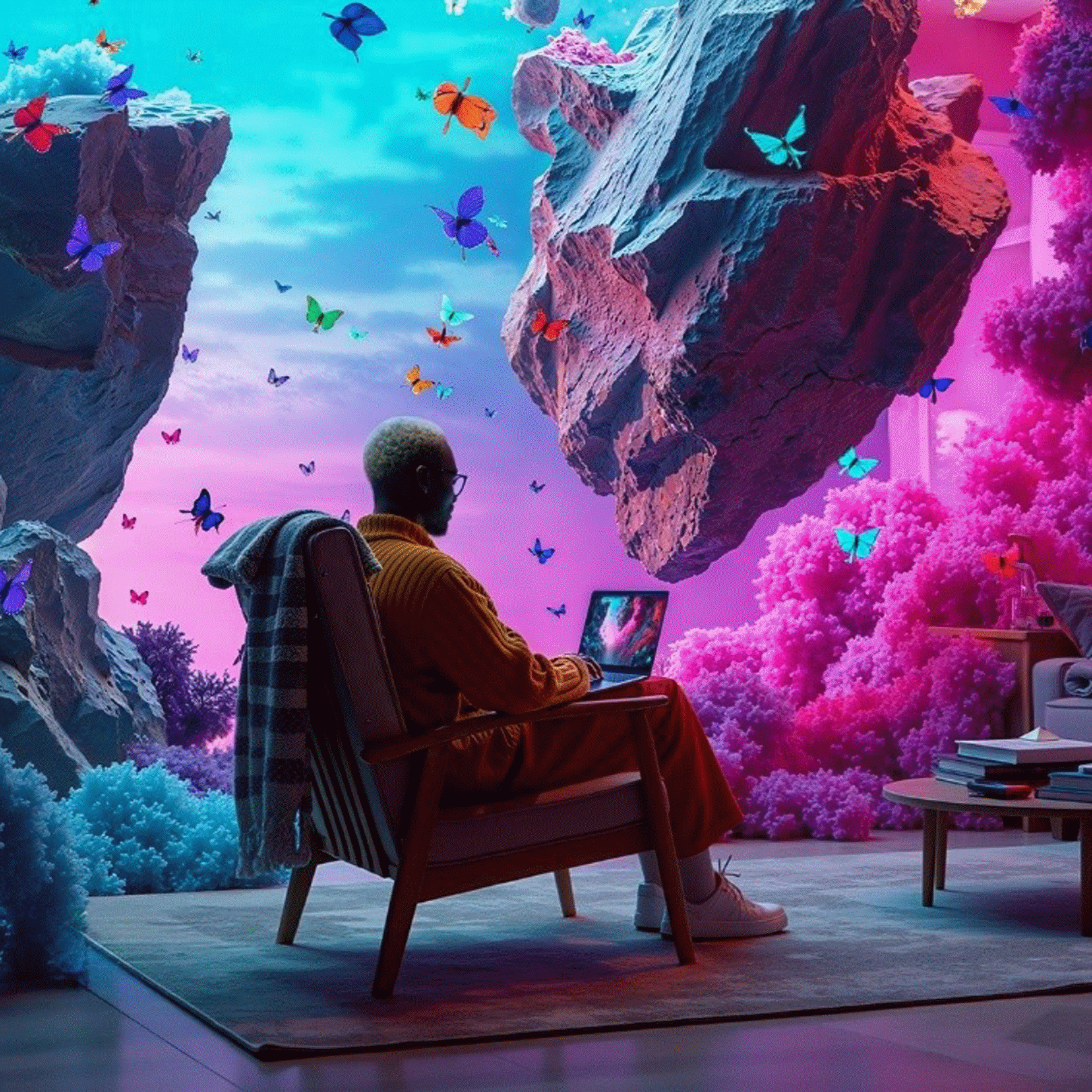 AI content - A person sitting in a chair in front of a floating rock
