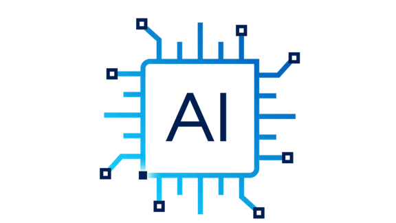 A small square with multiple lines extending from all sides represents a microchip. The letters AI appear in the middle of the box