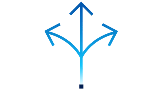 A vertical blue line splits into three arrows at the top, one pointing to the left, one pointing upward, and one pointing to the right