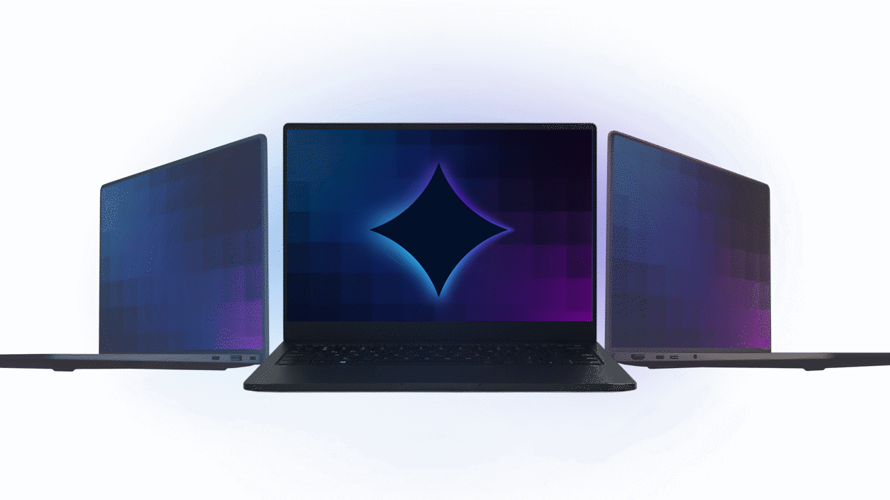 A 4-point star graphic over the center of an open laptop in a group of 3