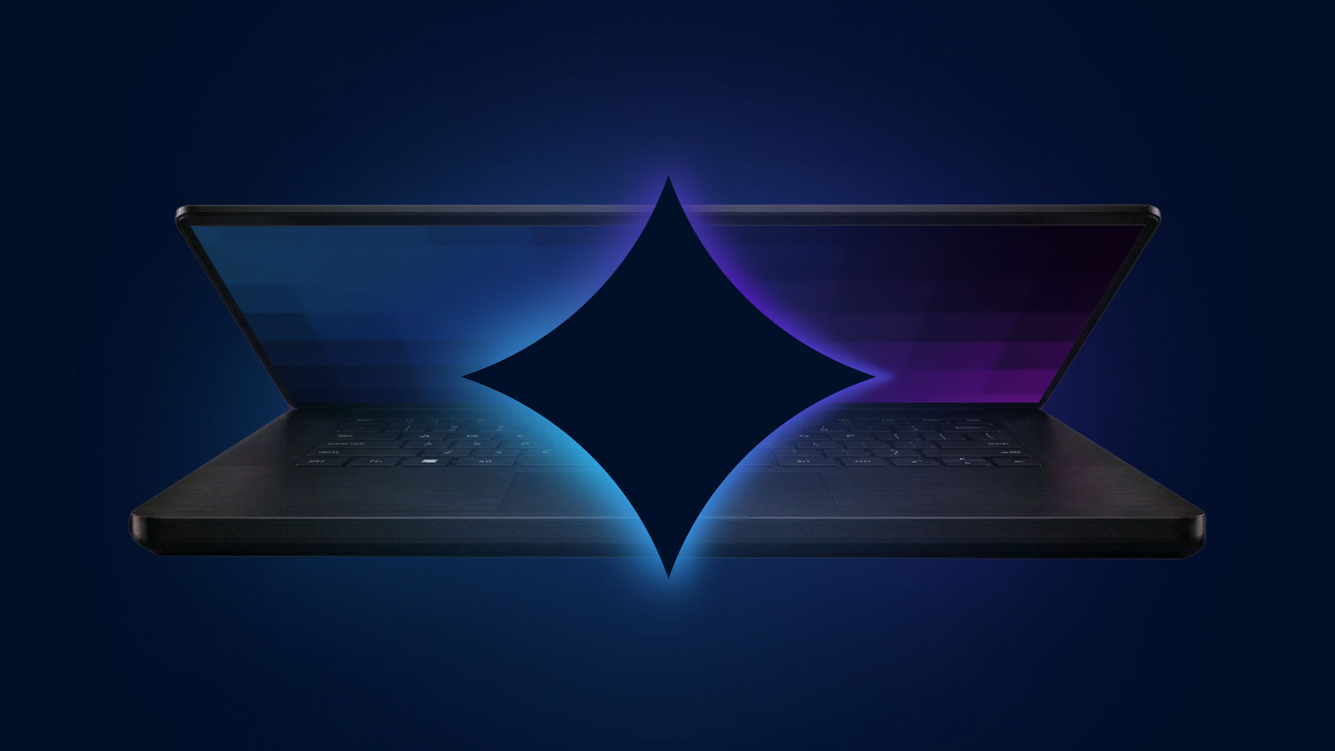 A graphic 4-pointed star over an opening laptop