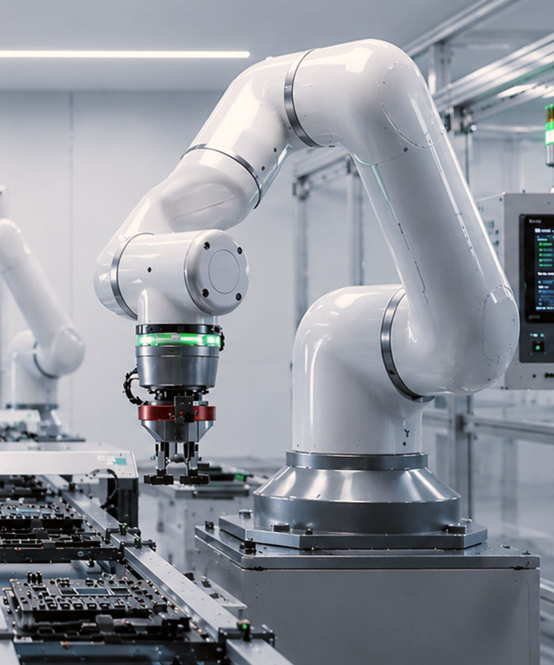 Hình ảnh cánh tay robot trên dây chuyền lắp ráp.