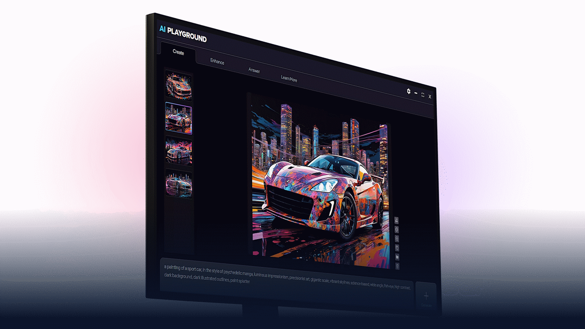 AI image generation interface displaying a colorful sports car artwork