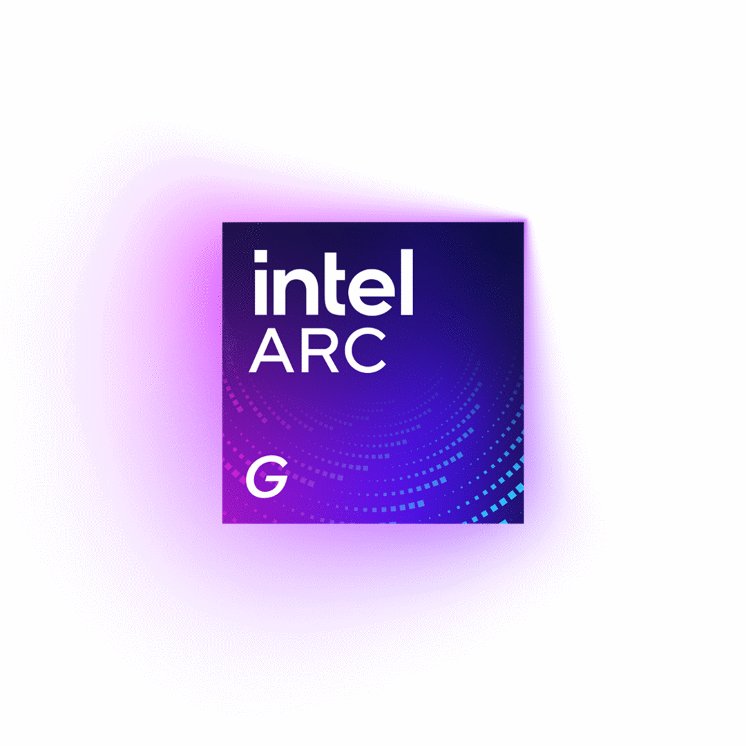Intel Arc processor badge with a purple glow on a black background