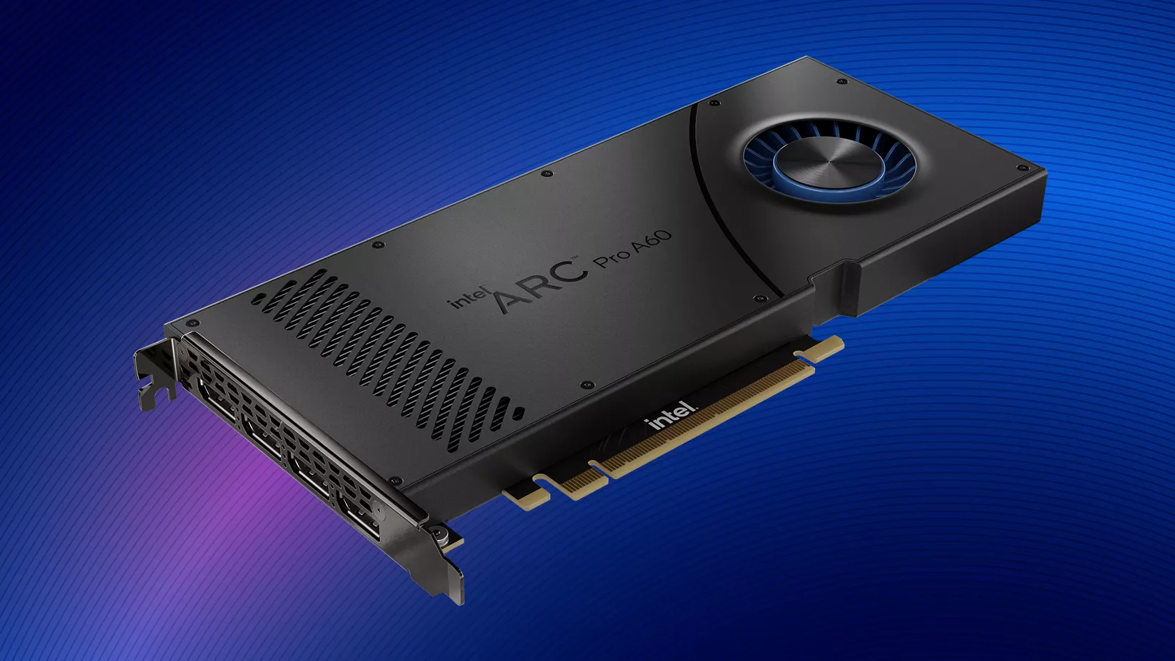 ダークブルーの背景にインテル® Arc™ Pro A60 GPU