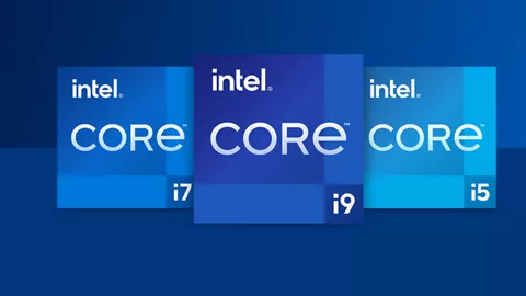 蓝色背景上第 11 代至第 14 代英特尔® 酷睿™ 处理器家族徽标（i5、i7、i9）