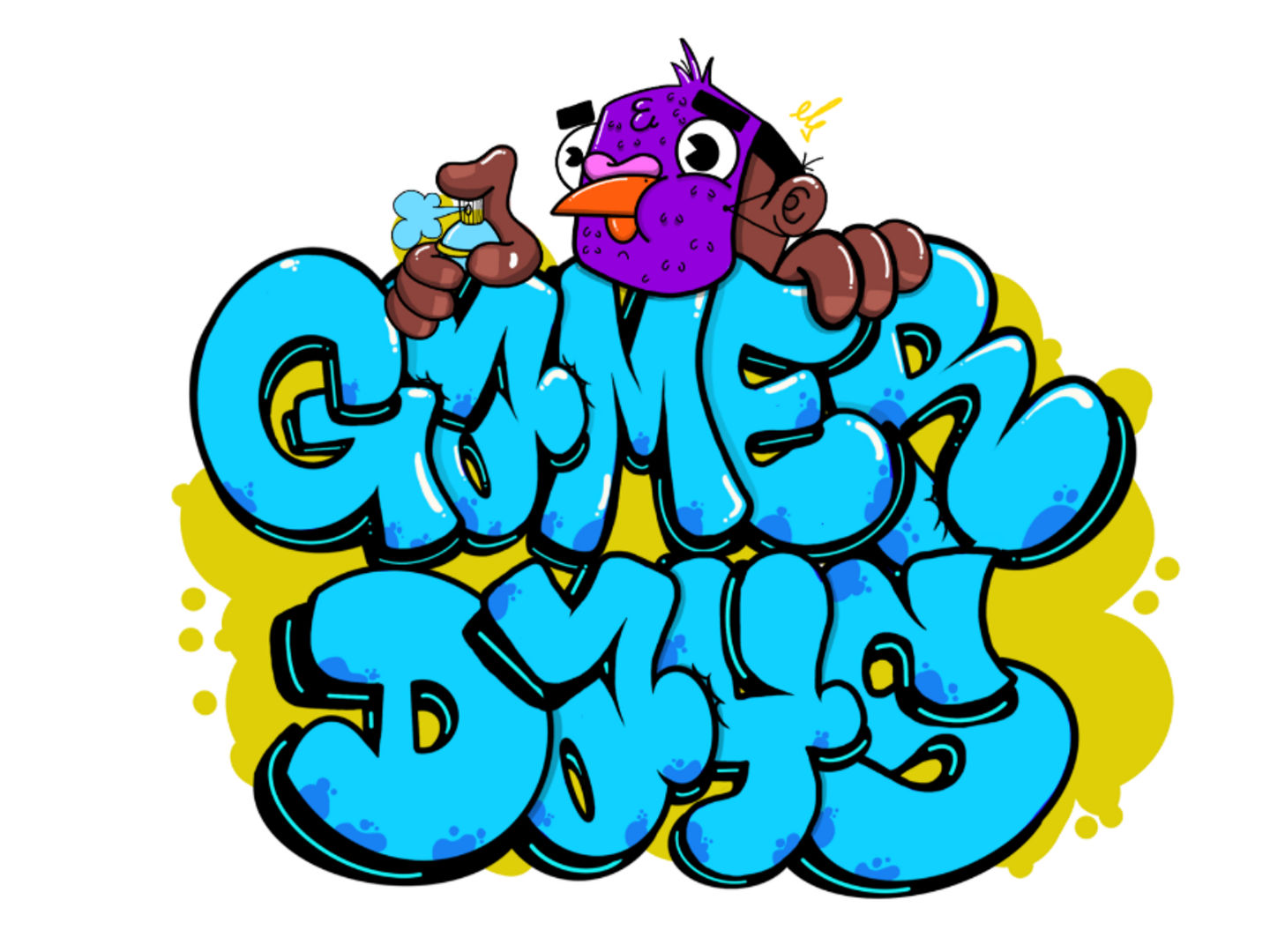 Ilustración de estilo grafiti con el texto “Gamer Days” y un personaje con máscara morada.