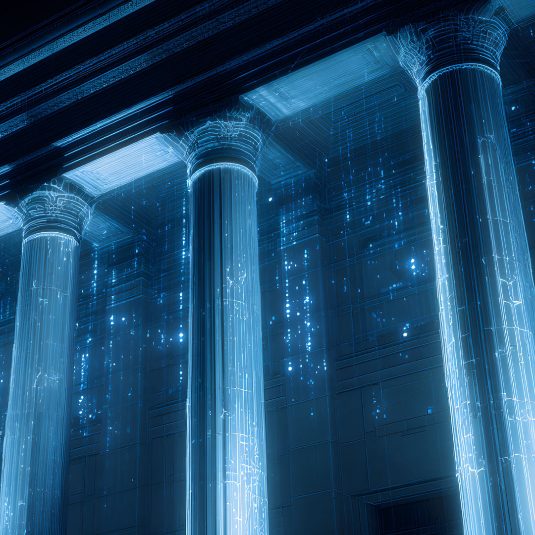 Classic stone columns overlaid with vertical streams of digital light representing data flow.