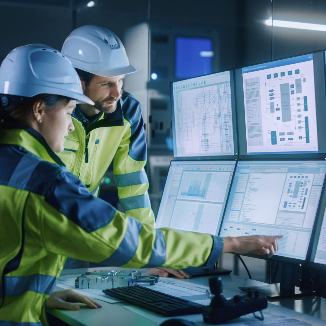 Two people in hard hats and high-visibility jackets reviewing control system monitors at an industrial workstation.